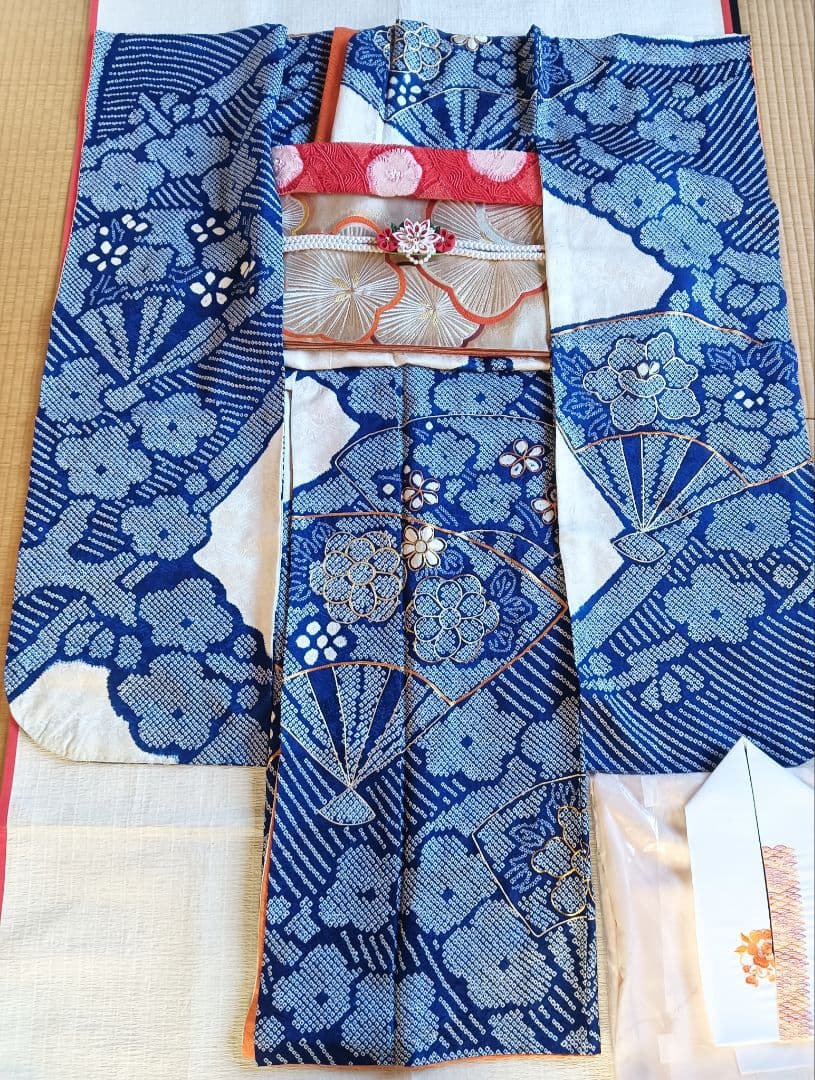 レトロモダン トールサイズ　振袖フルセット　絞り　青　丈166 裄69　美品