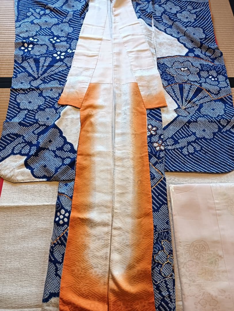 レトロモダン トールサイズ　振袖フルセット　絞り　青　丈166 裄69　美品