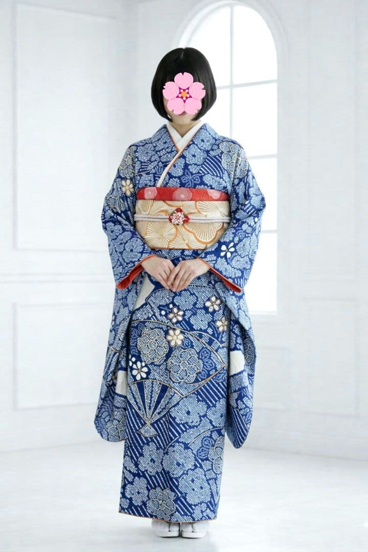 レトロモダン トールサイズ　振袖フルセット　絞り　青　丈166 裄69　美品