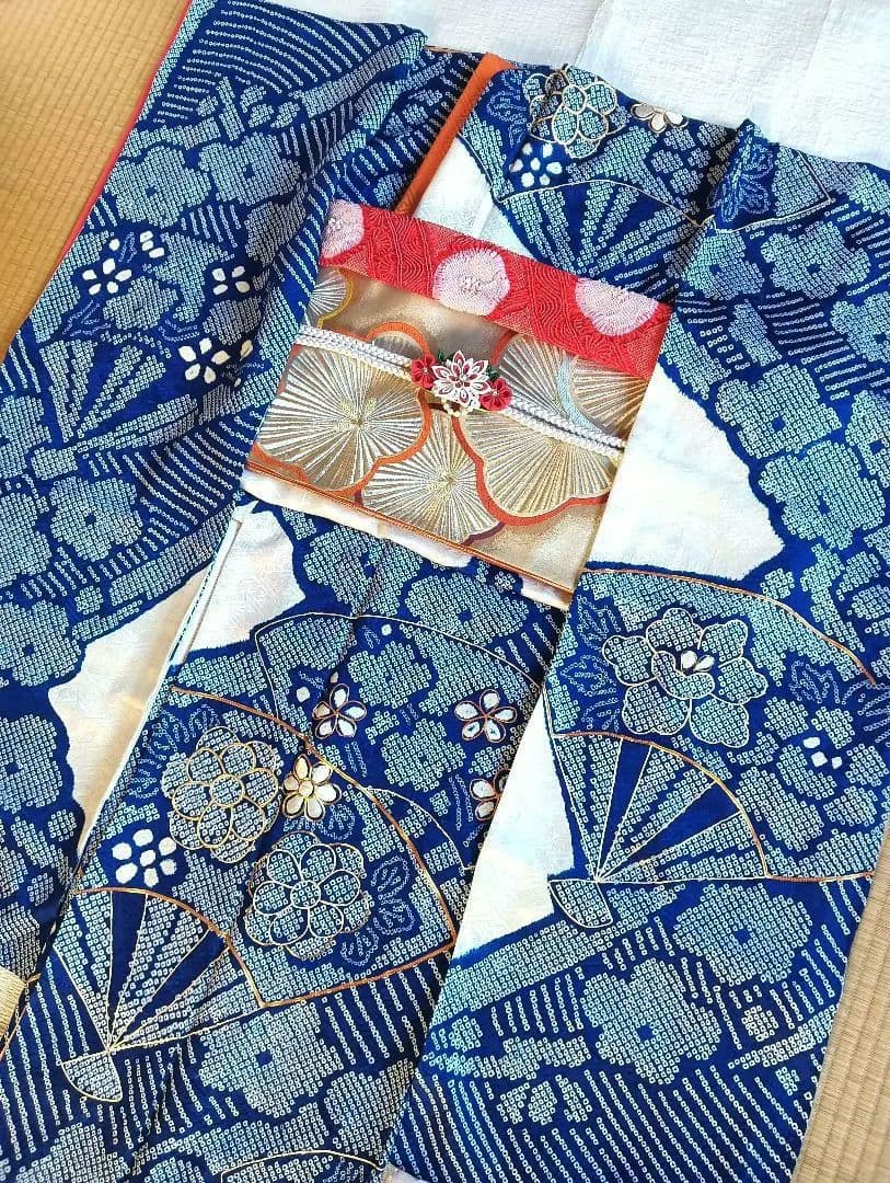 レトロモダン トールサイズ　振袖フルセット　絞り　青　丈166 裄69　美品