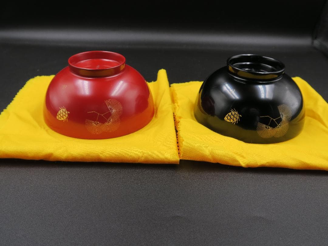 【輪島塗】夫婦椀 松沈金 大向高洲堂 福久勝利作 朱・黒塗 天然木 二客揃 共箱