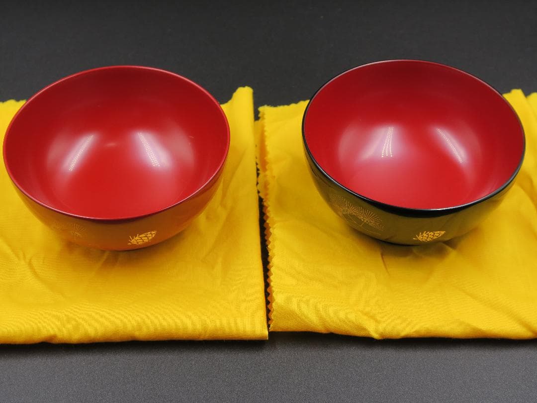 【輪島塗】夫婦椀 松沈金 大向高洲堂 福久勝利作 朱・黒塗 天然木 二客揃 共箱