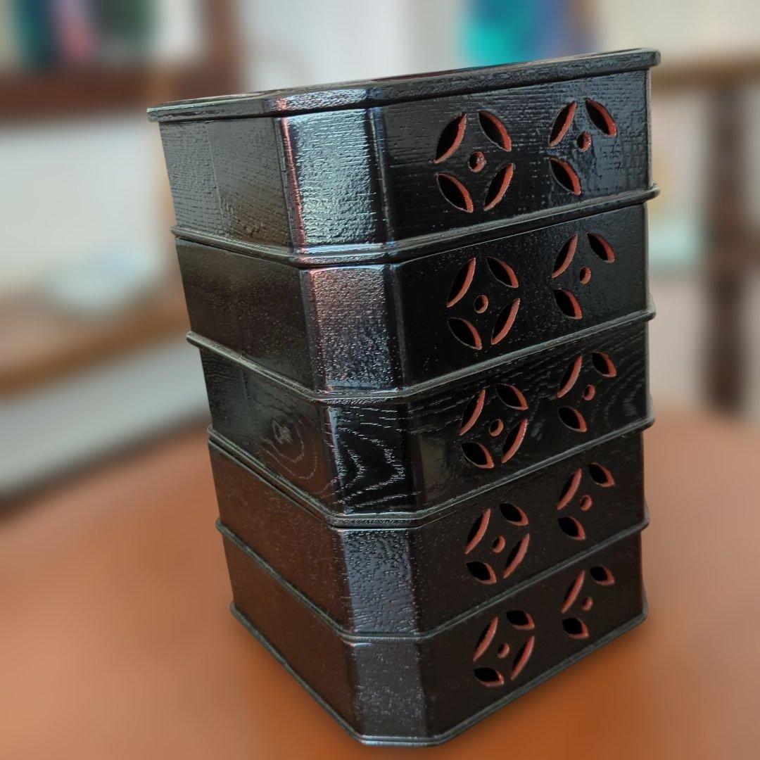 縁高　柿合　七宝透かし　木製　茶道具　茶道漆　漆器　5段　紙箱