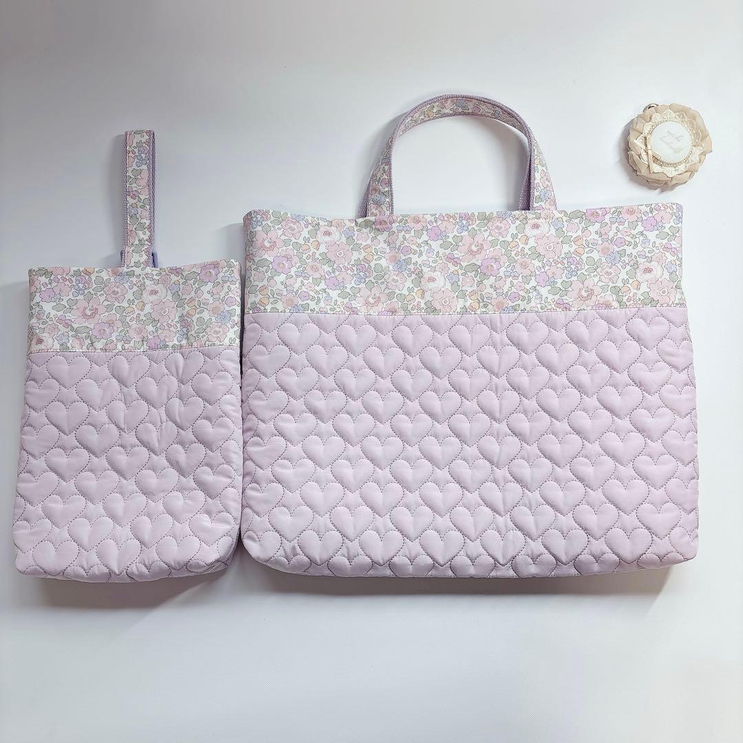 akkuaku様　ベッツィ　ハート　キルト　レッスンバッグ　ヌビ　キルト体操着袋