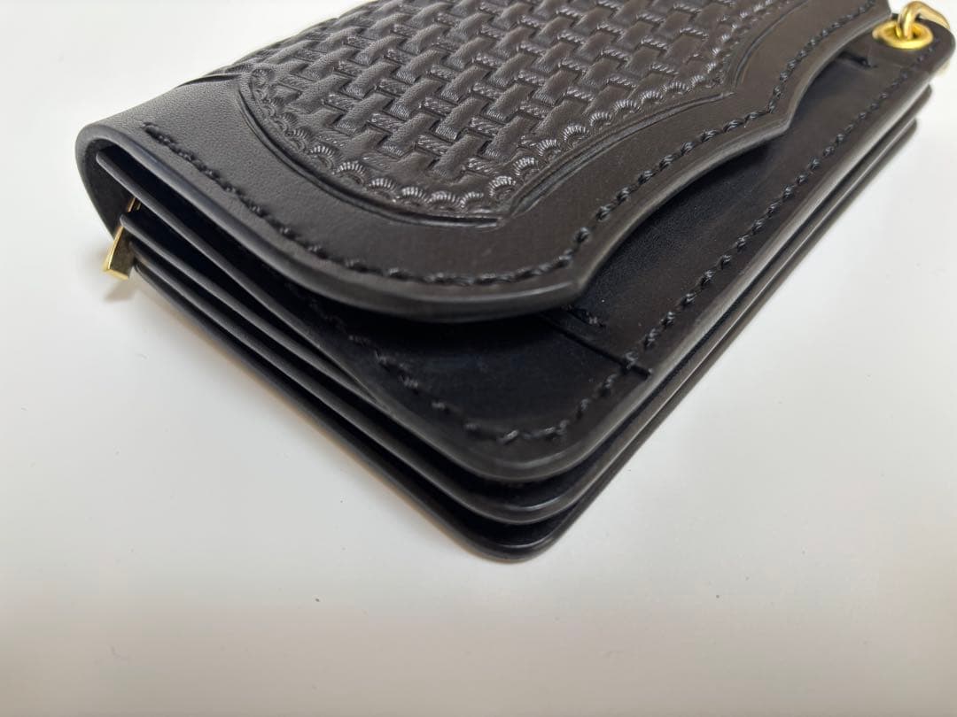 黒　栃木サドルレザー　トラッカーウォレット　三層　真鍮レザークラフト