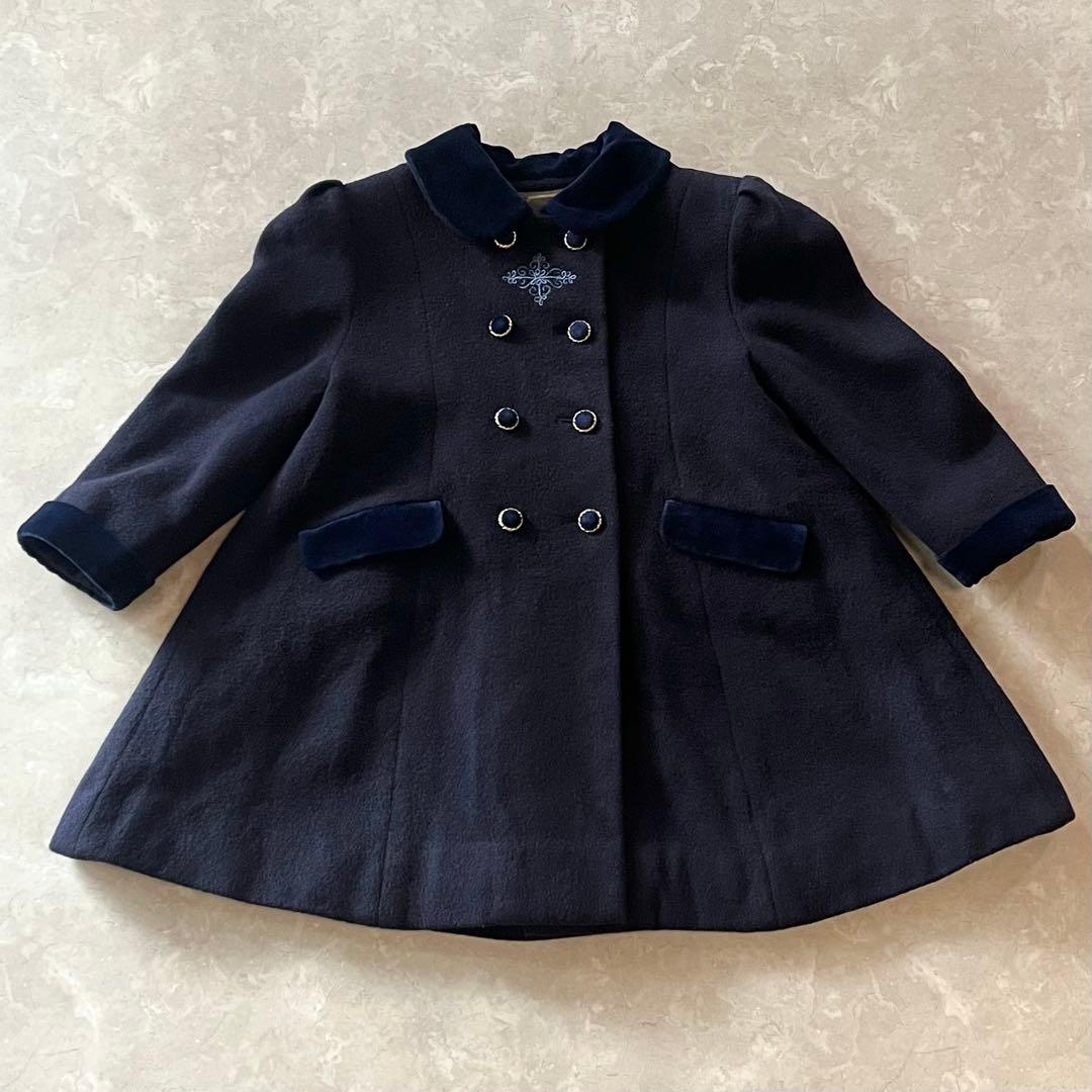 極美品☆ファミリア Aライン ウールコート 110 濃紺 金ボタン ベルベット