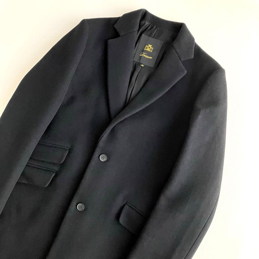 美品✨【Drawer】 メルトンチェスターコート 40Ｌ黒 ドゥロワー ブラック