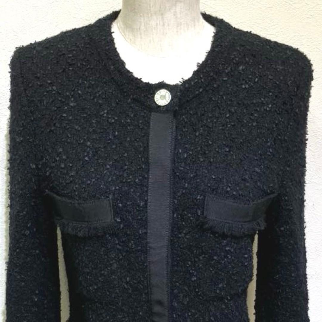 FOXEY ノーカラーブラックジャケット　ショート　ツイード　フリンジ　ニット