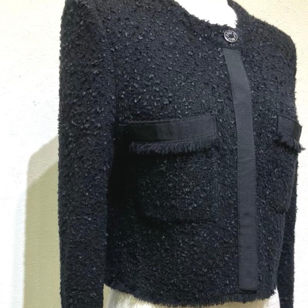 FOXEY ノーカラーブラックジャケット　ショート　ツイード　フリンジ　ニット