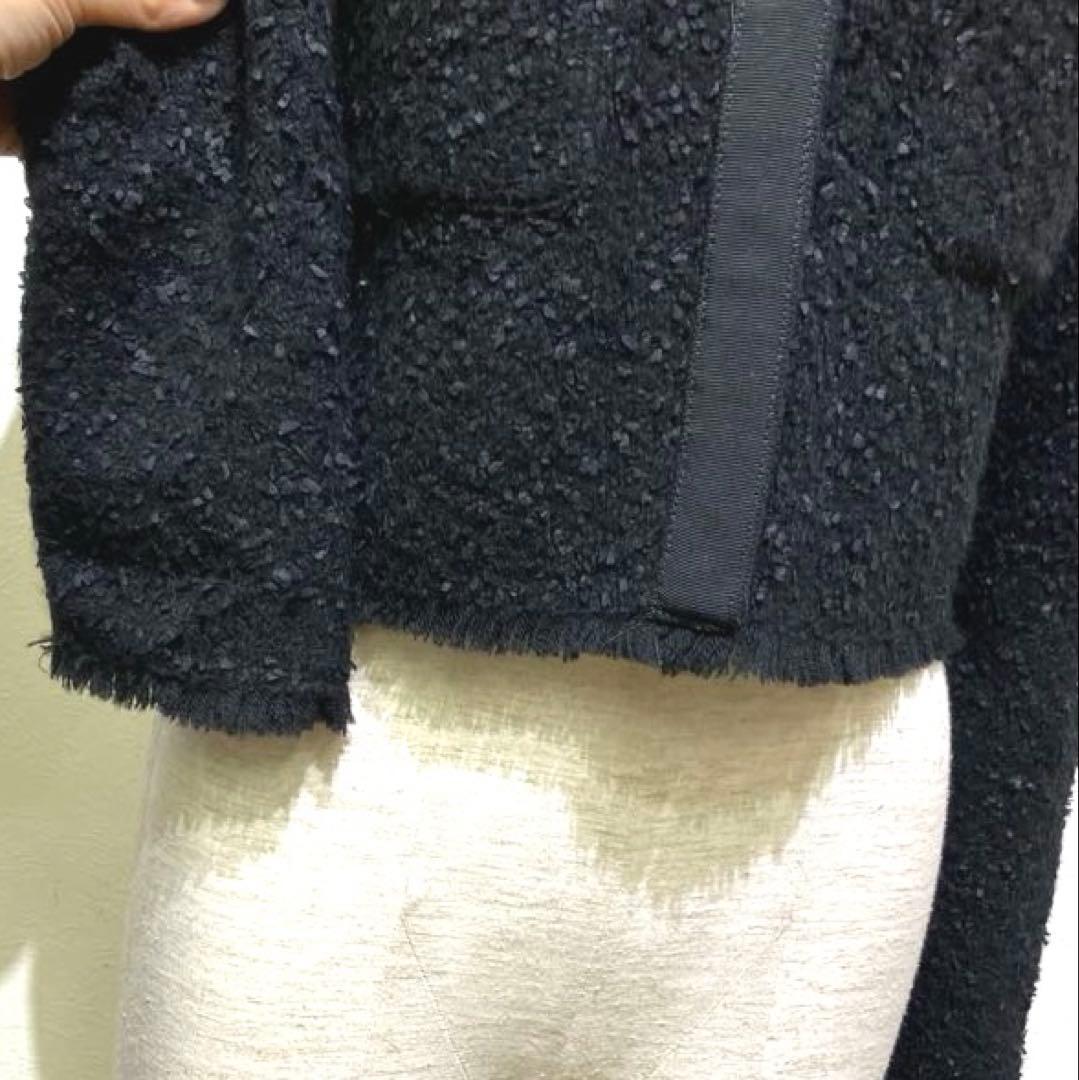 FOXEY ノーカラーブラックジャケット　ショート　ツイード　フリンジ　ニット