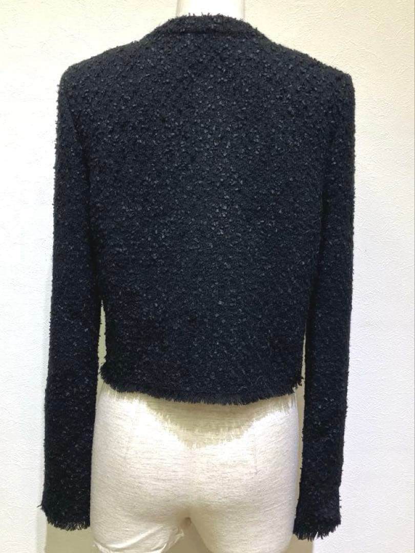 FOXEY ノーカラーブラックジャケット　ショート　ツイード　フリンジ　ニット