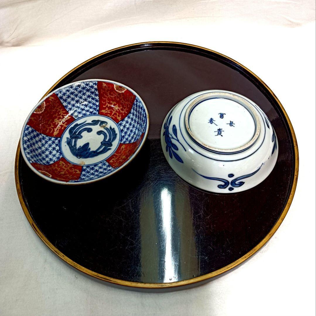 赤と藍の幾何学模様が美しい古伊万里色絵小皿 5枚セット