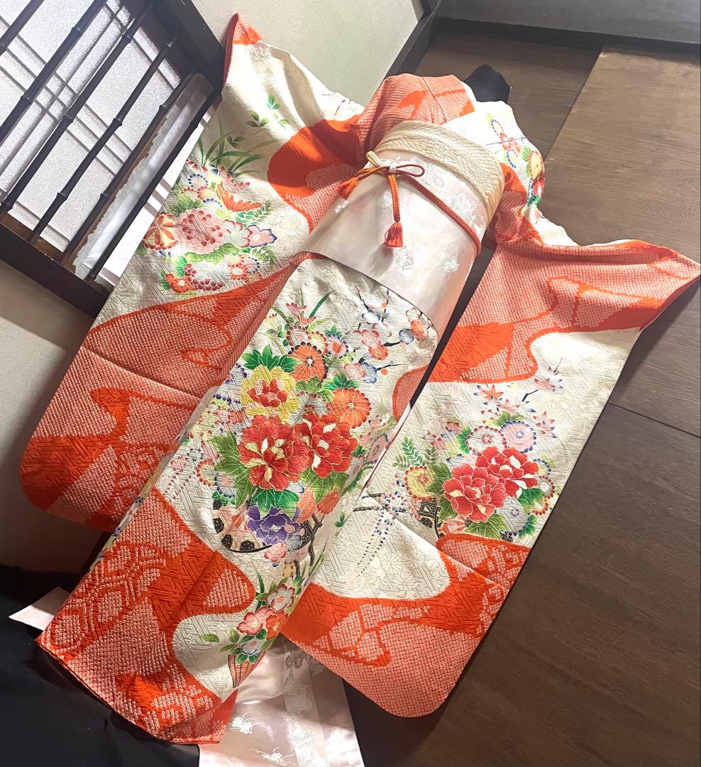 振袖フルセット6点サイズS〜M駒刺繍　絞り　花車文　暈し染め　金彩　正絹