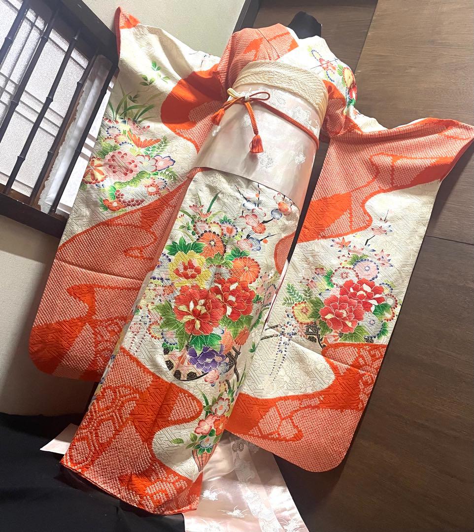 振袖フルセット6点サイズS〜M駒刺繍　絞り　花車文　暈し染め　金彩　正絹