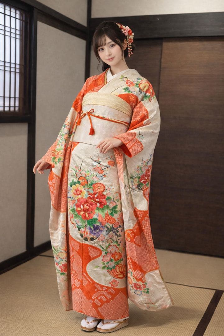 振袖フルセット6点サイズS〜M駒刺繍　絞り　花車文　暈し染め　金彩　正絹