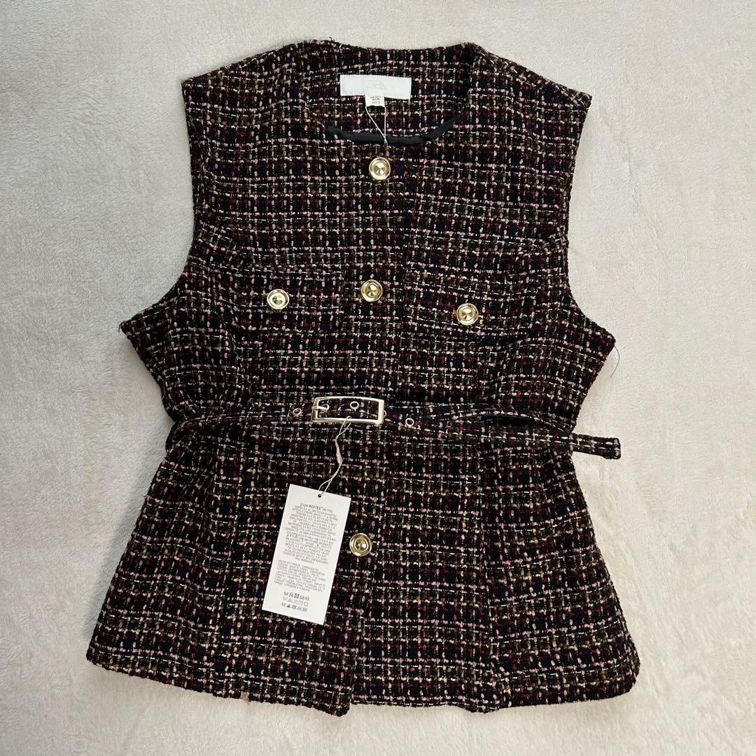 新品未使用　タグ付き　ZARA ベルト付きテクスチャーベスト ツイードベスト