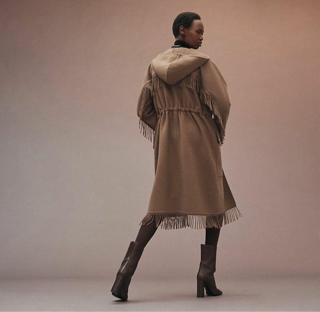 美品　HERMESエルメス　カシミヤレザー　ロング　フリンジ　コート　ブラウン