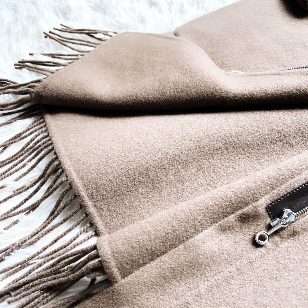 美品　HERMESエルメス　カシミヤレザー　ロング　フリンジ　コート　ブラウン