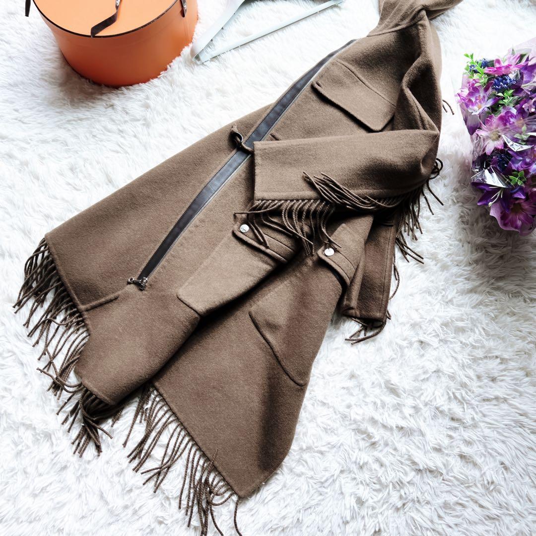 美品　HERMESエルメス　カシミヤレザー　ロング　フリンジ　コート　ブラウン