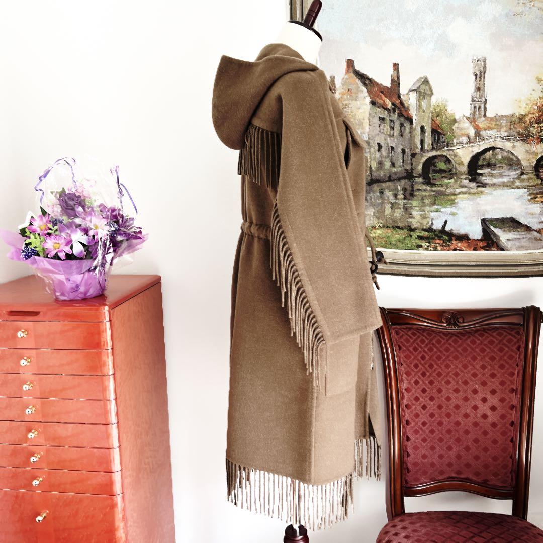 美品　HERMESエルメス　カシミヤレザー　ロング　フリンジ　コート　ブラウン