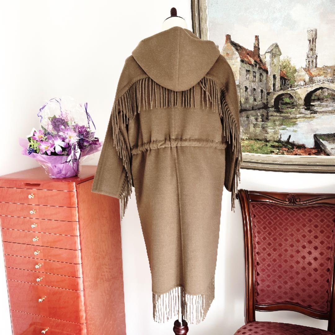 美品　HERMESエルメス　カシミヤレザー　ロング　フリンジ　コート　ブラウン