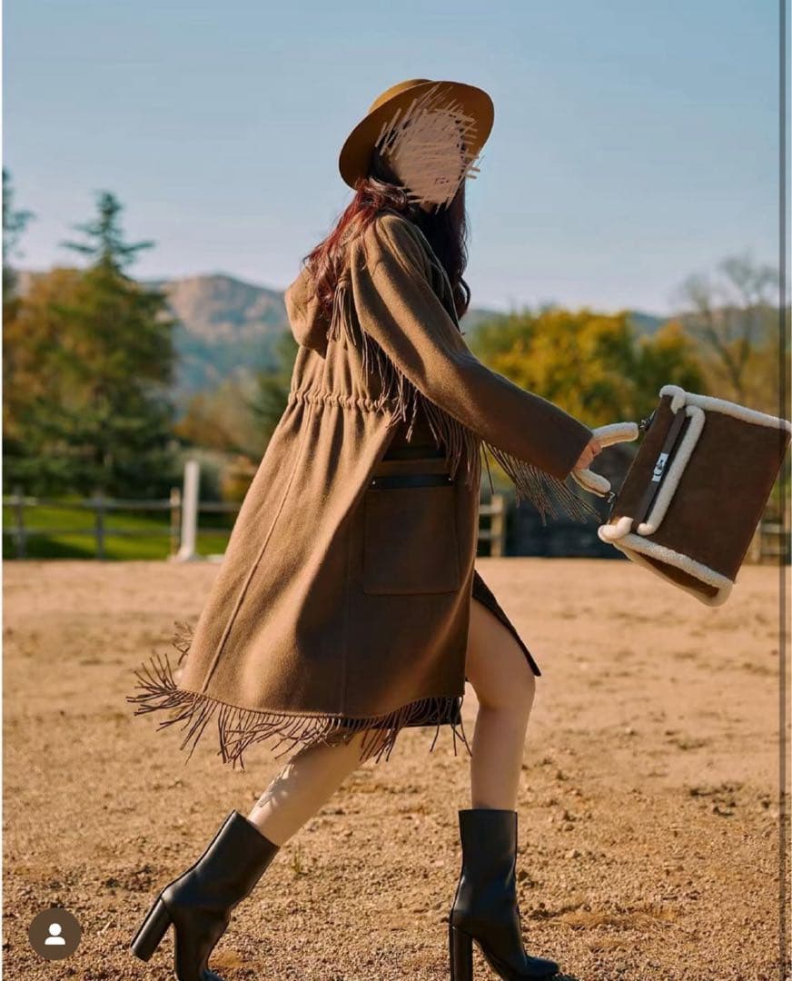 美品　HERMESエルメス　カシミヤレザー　ロング　フリンジ　コート　ブラウン