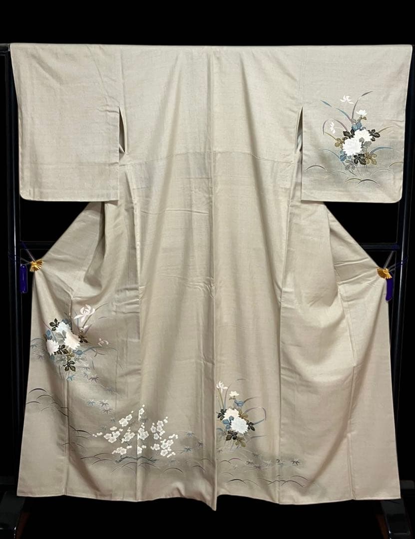 結城紬 手描き訪問着 奥順特製 はたおり娘 花文 証紙 美品 イ6665
