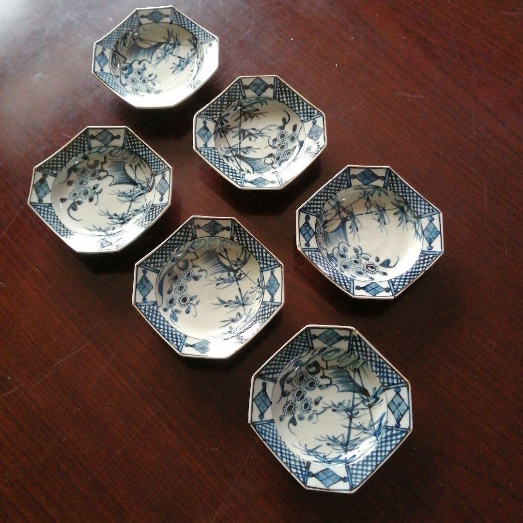 犬山焼　染付八角小皿　6枚　幕末〜明治期
