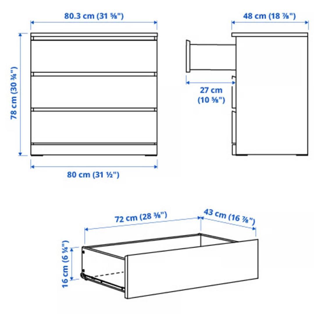 MALM マルムチェスト（引き出し×3）, ホワイト, 80x78 cm