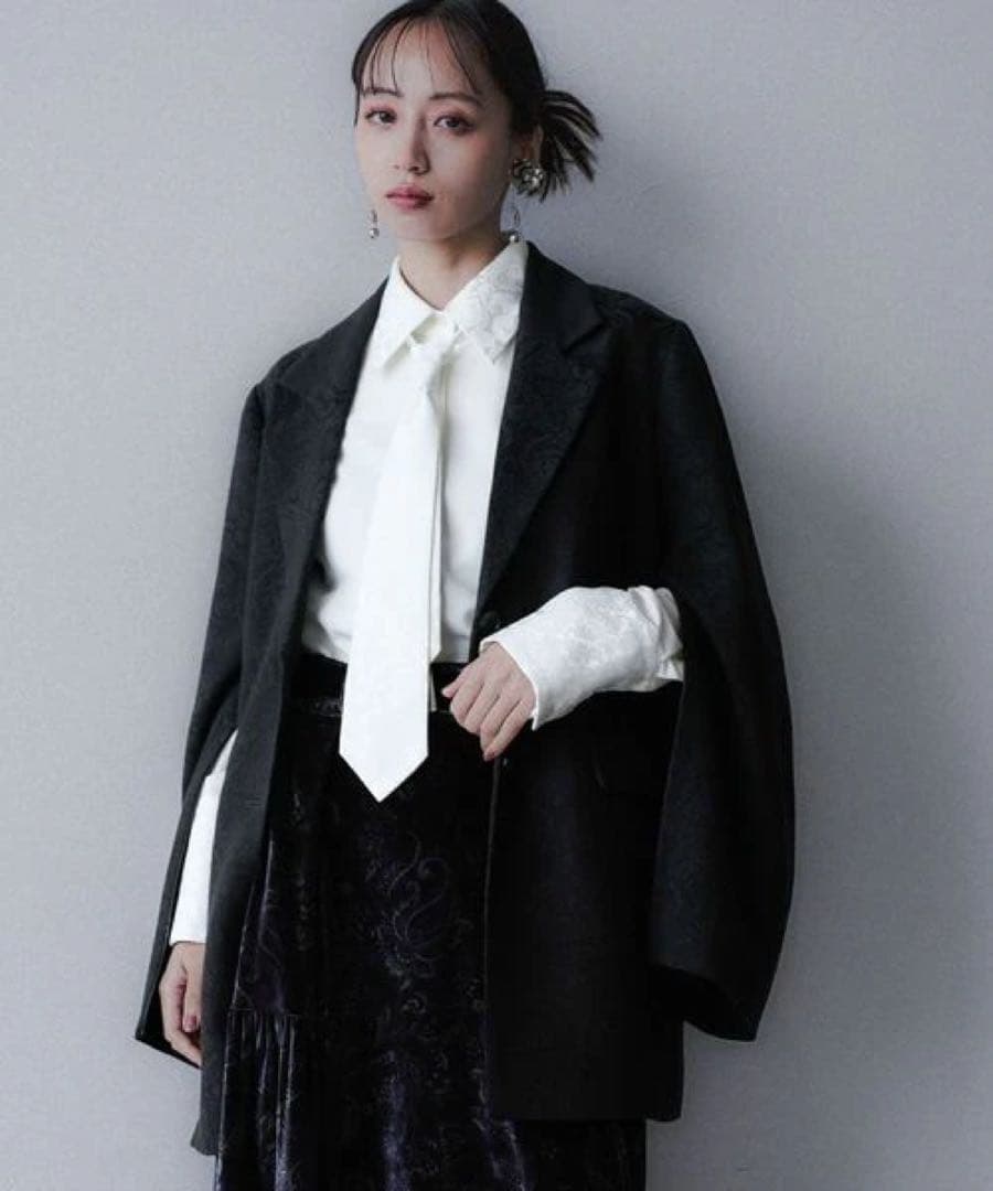 レース模様 黒 テーラードジャケット VINTAGEジャガード2WAYジャケット