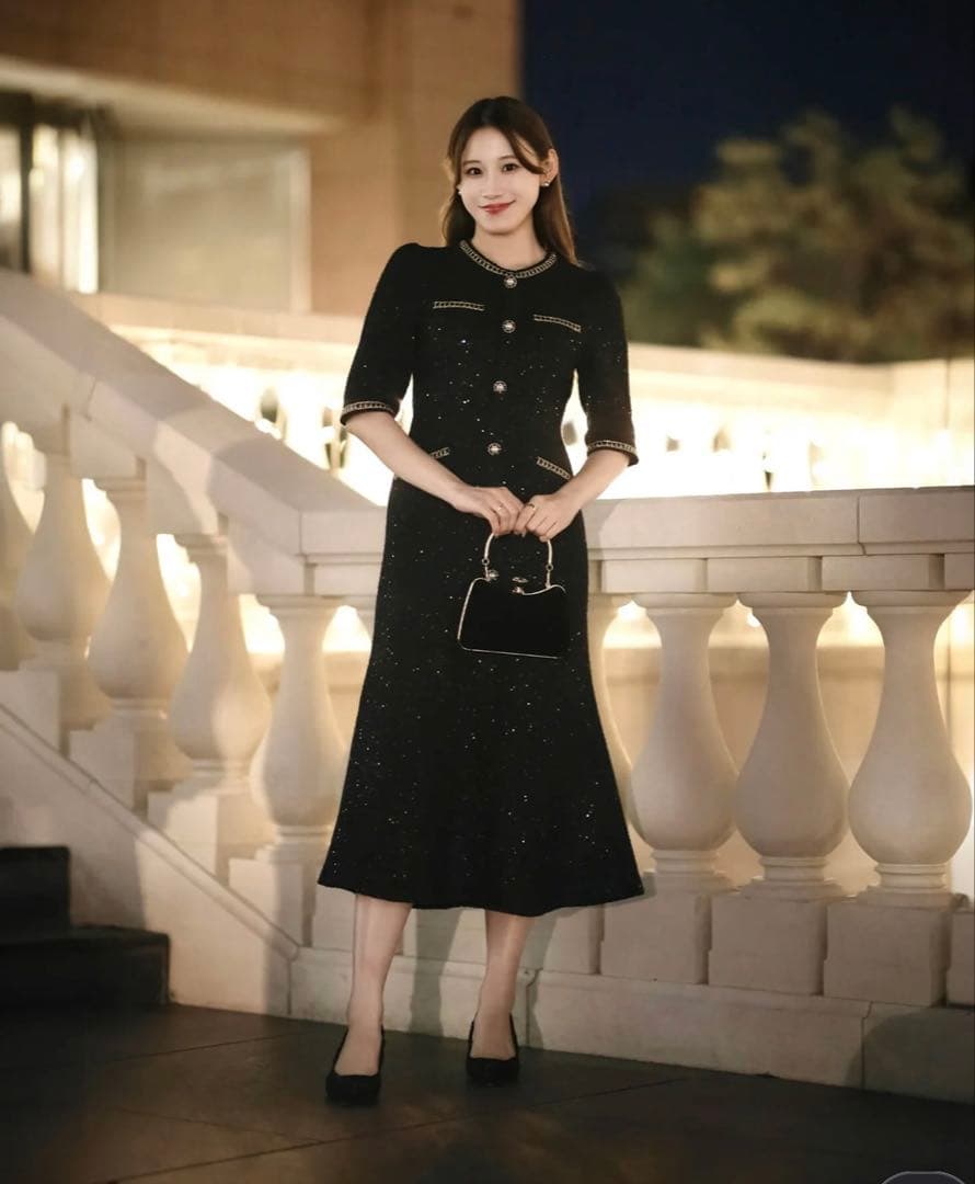 leja ラメツイードレザーパイピングパールマーメイドワンピースドレス