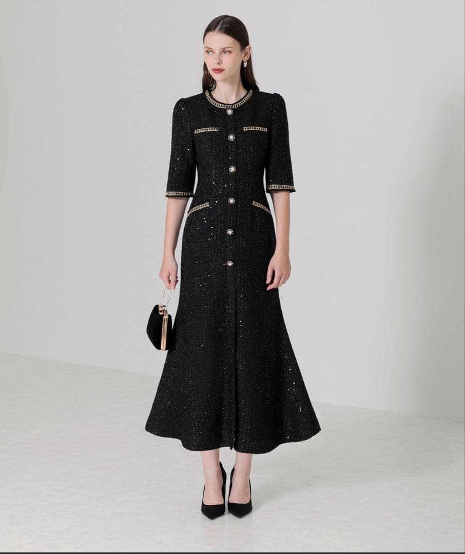 leja ラメツイードレザーパイピングパールマーメイドワンピースドレス