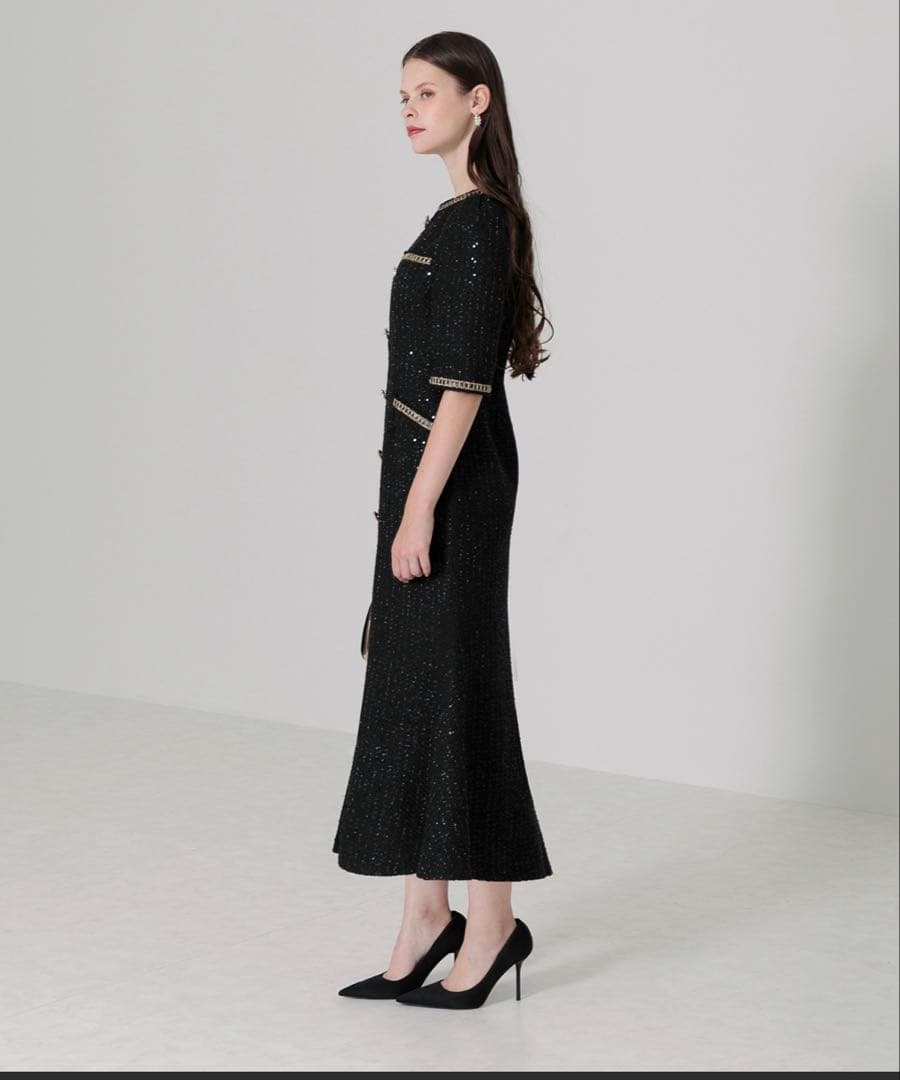 leja ラメツイードレザーパイピングパールマーメイドワンピースドレス