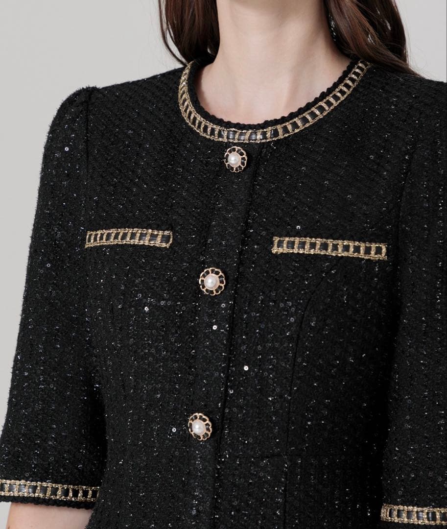 leja ラメツイードレザーパイピングパールマーメイドワンピースドレス