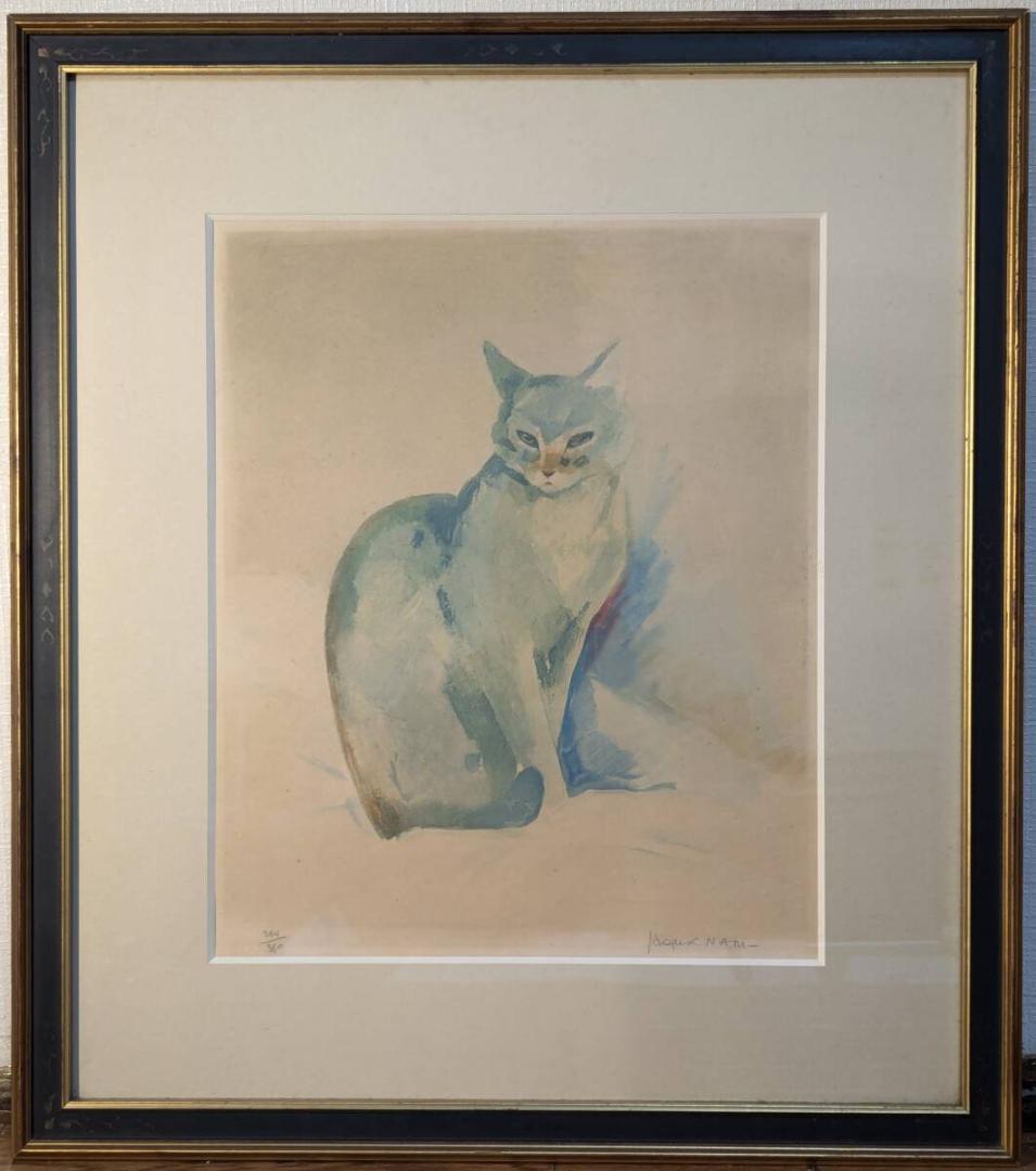 【真作】版画　リトグラフ　青の幻想　猫のポートレート　静かに佇む猫　W2