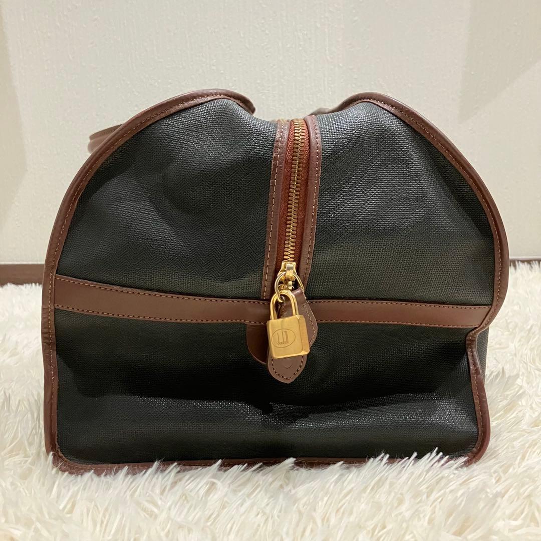 ダンヒル　ボストンバッグ　南京錠　鍵付き　PVC　レザー　ゴールド金具　チェック