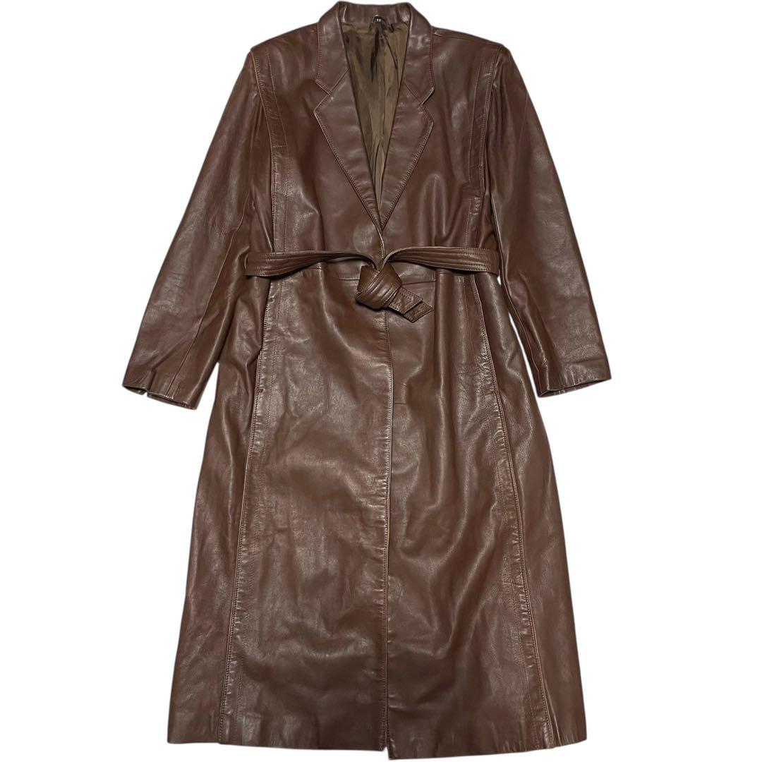 大きいサイズ【vintage】本革リアルレザーマキシ丈ガウンコート ブラウンXL