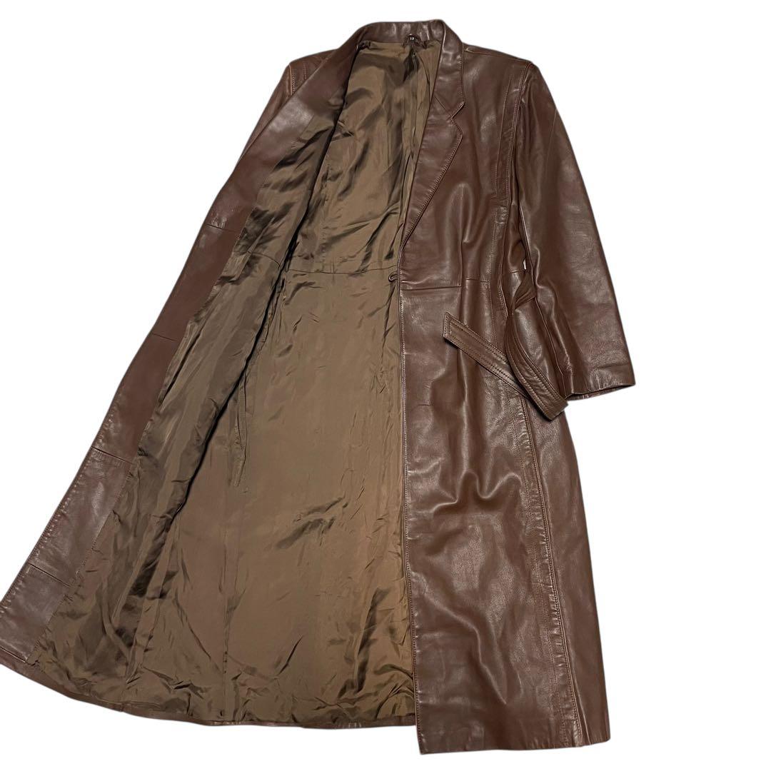 大きいサイズ【vintage】本革リアルレザーマキシ丈ガウンコート ブラウンXL