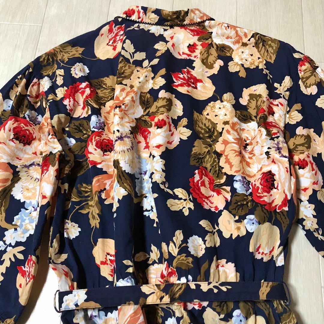 インゲボルグ 花柄 ピンタック 紺色 7分袖 ワンピース