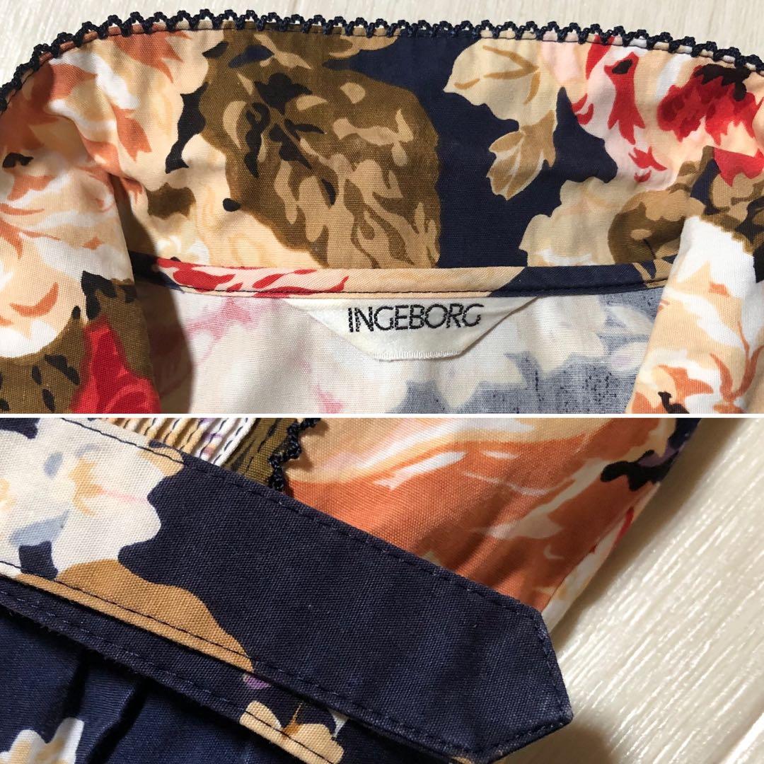 インゲボルグ 花柄 ピンタック 紺色 7分袖 ワンピース