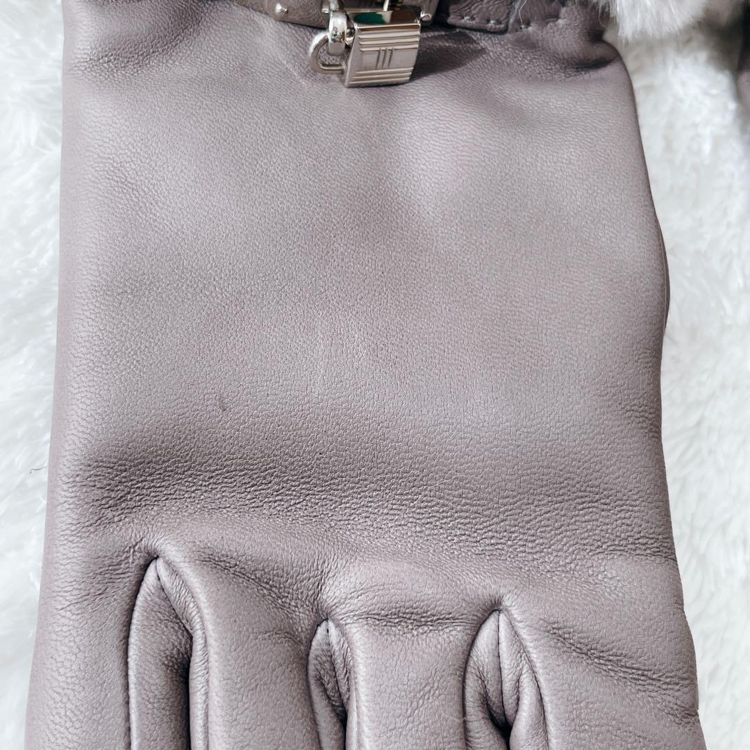 【 美品】HERMES レザー手袋 ミンクファー ケリー　グレー