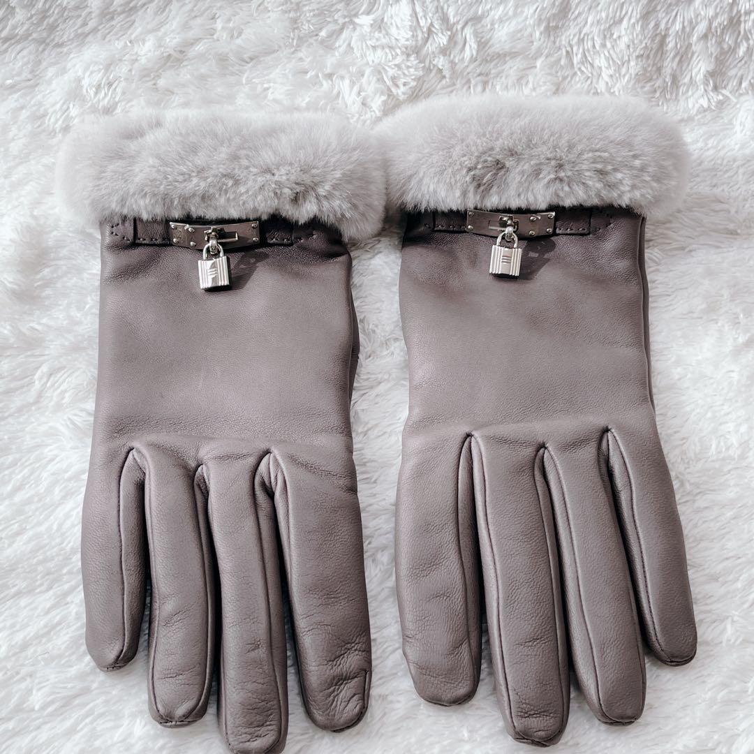 【 美品】HERMES レザー手袋 ミンクファー ケリー　グレー