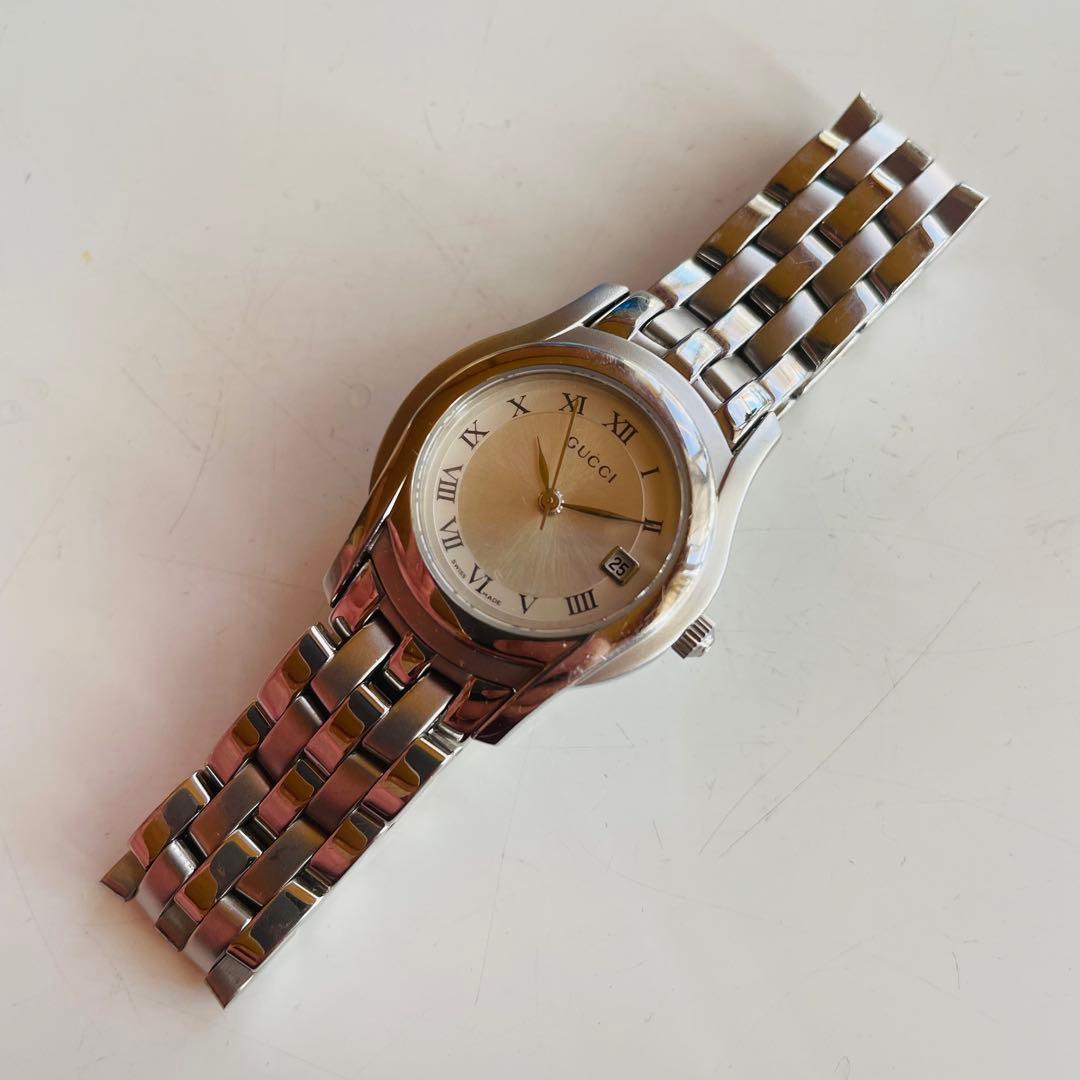 GUCCI グッチ シルバー文字盤 5500L 腕時計 クォーツ デイト 不動品