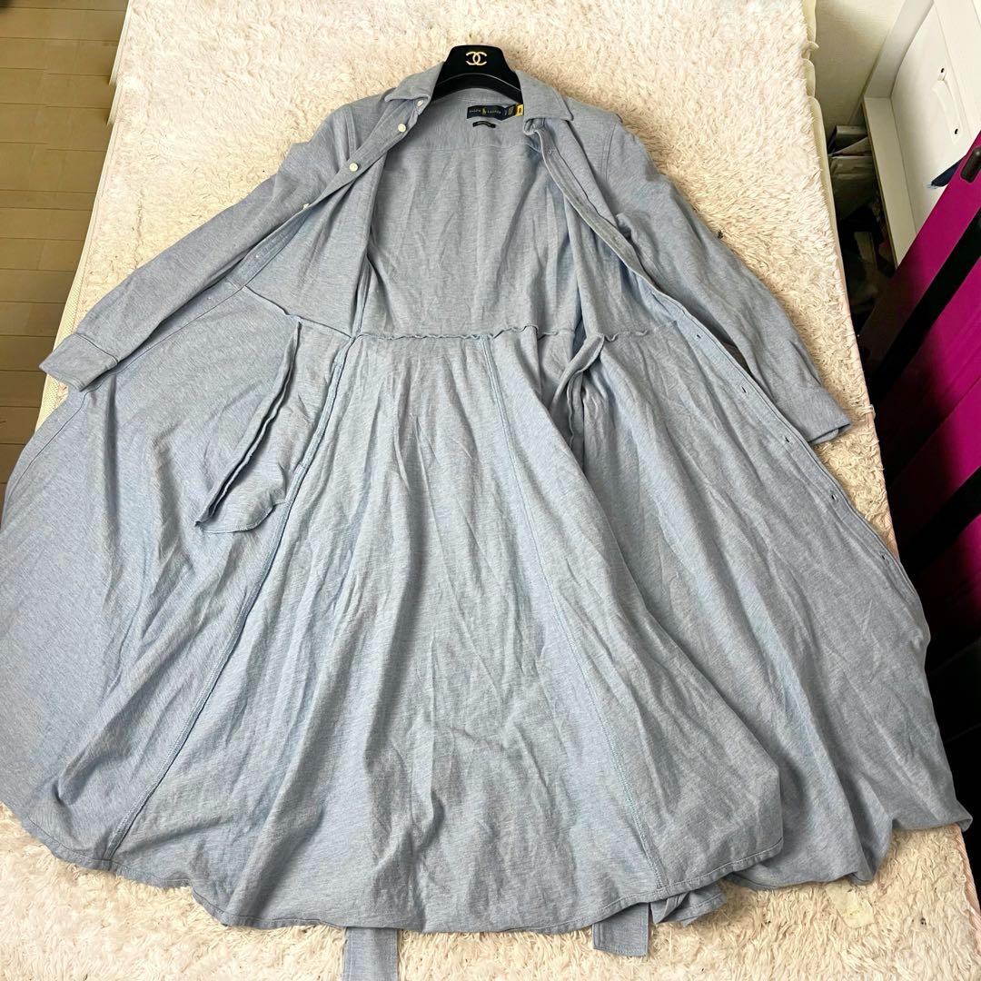 ラルフローレン ロング シャツワンピース 鹿の子 ベルト ポニー 水色 M