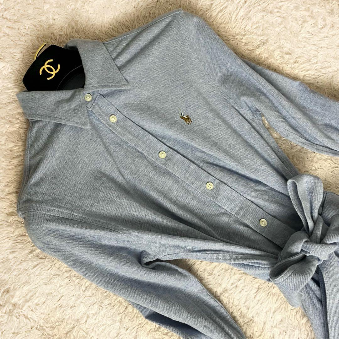 ラルフローレン ロング シャツワンピース 鹿の子 ベルト ポニー 水色 M