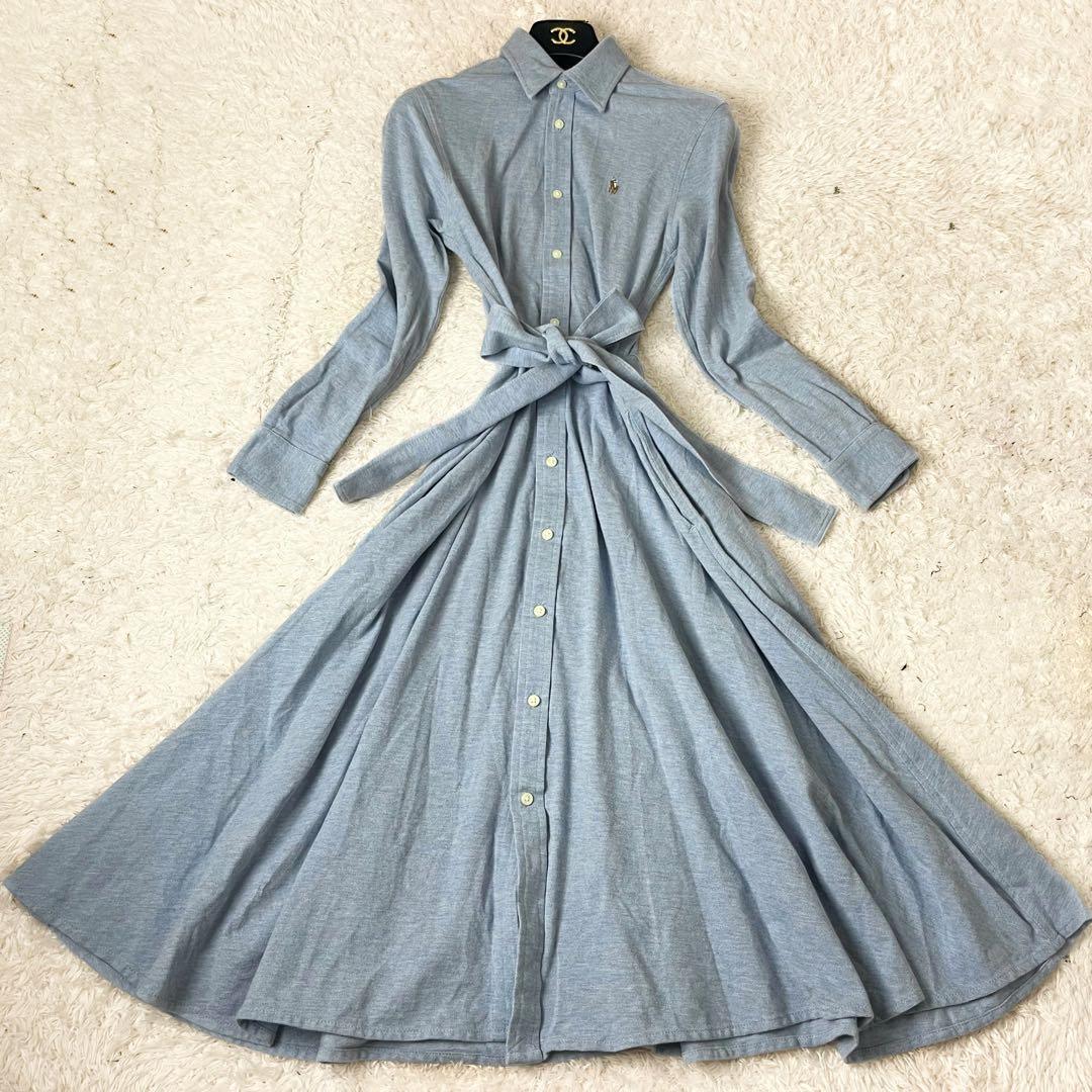 ラルフローレン ロング シャツワンピース 鹿の子 ベルト ポニー 水色 M