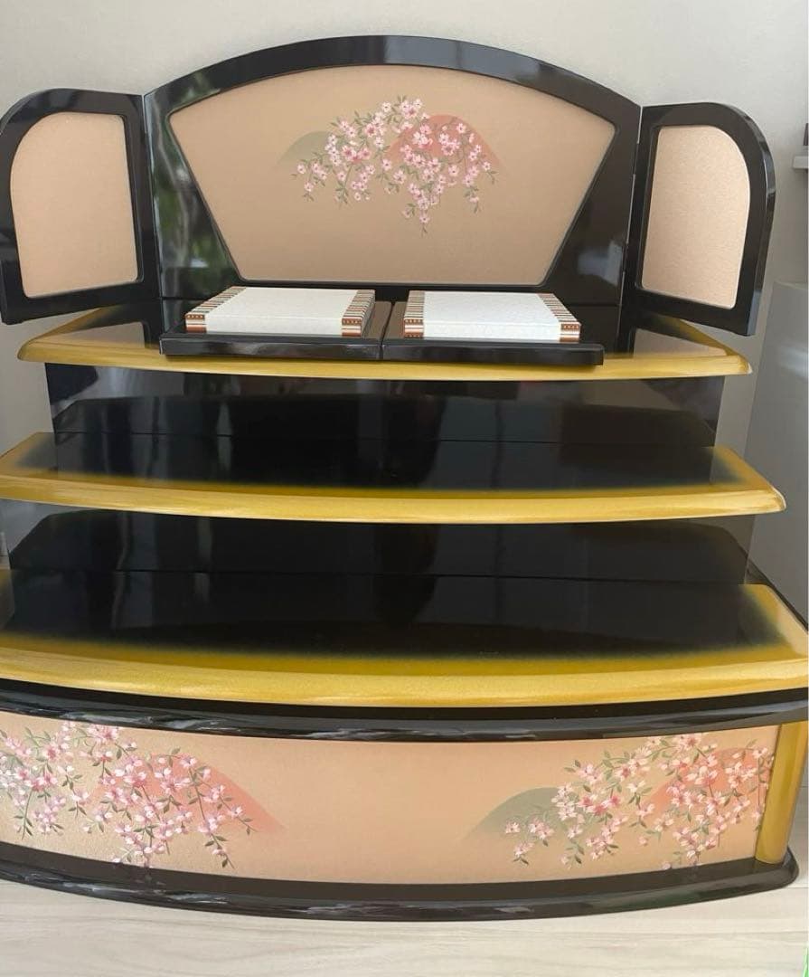 美品　原孝州　お雛様　雛人形　三段飾り　五人飾り　桜刺繍　光るぼんぼり