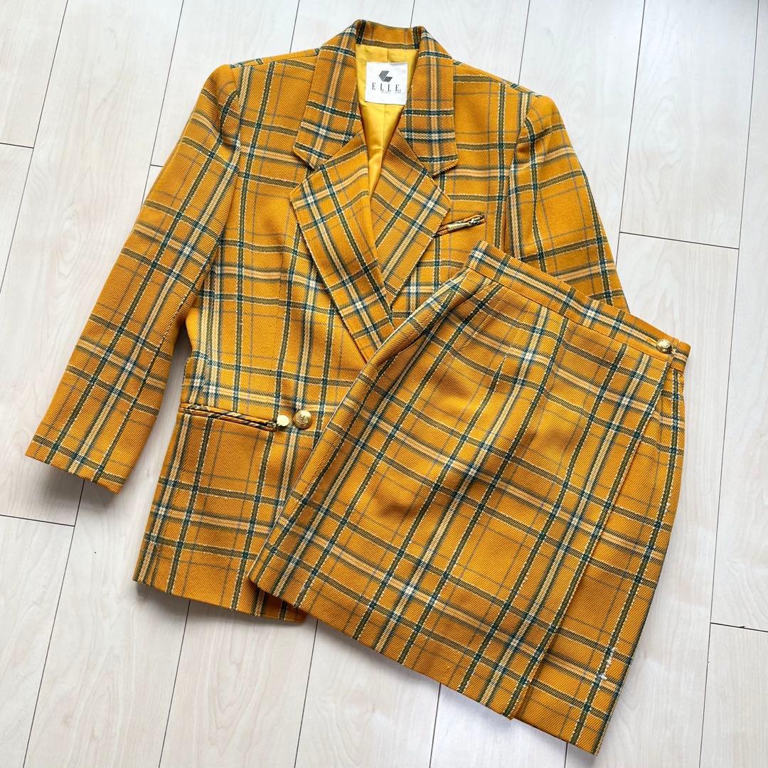 ELLE エル レトロ ヴィンテージ 金ボタン チェック スカートスーツ