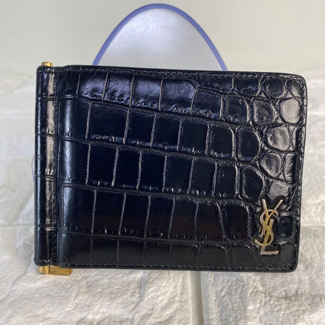 サンローラン　マネークリップ　クロコ型押し　YSL 黒　カサンドラ