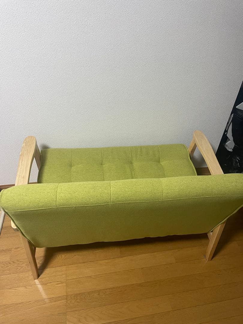 【値下げ交渉可！】 二人掛けソファ　天然木　　 本体ナチュラル木×座面グリーン